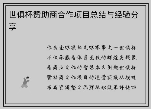 世俱杯赞助商合作项目总结与经验分享